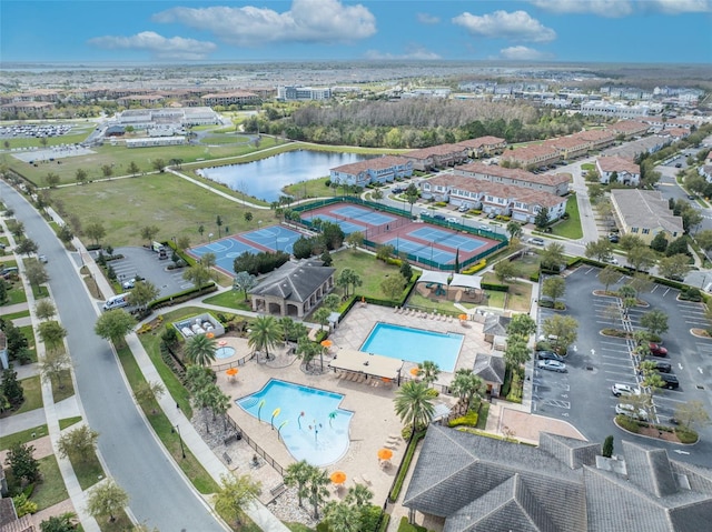 drone / aerial view with a water view