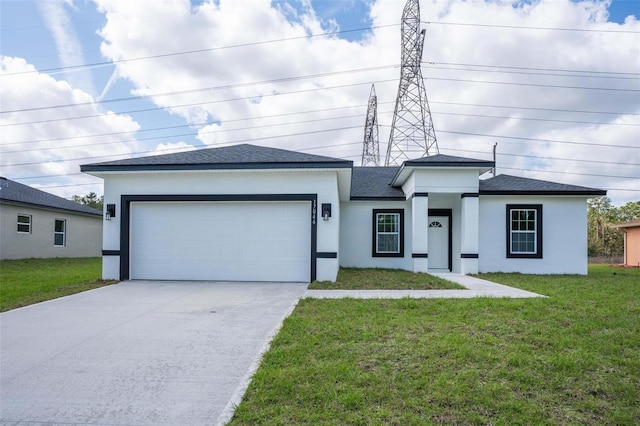 view of front of property featuring roof with shingles, stucco siding, concrete driveway, a front yard, and a garage