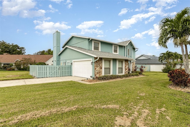 traditional home featuring a chimney, fence, driveway, and a front lawn