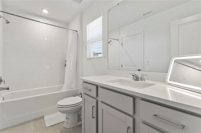 bathroom featuring visible vents, shower / bathtub combination with curtain, toilet, tile patterned flooring, and vanity