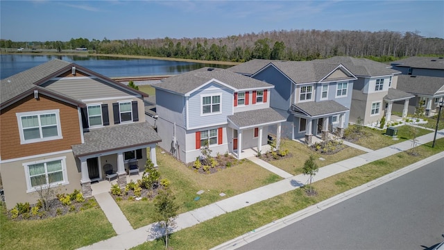 view of front facade with a front lawn, a water view, a residential view, roof with shingles, and covered porch