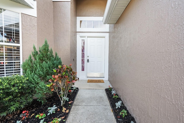 view of exterior entry with stucco siding