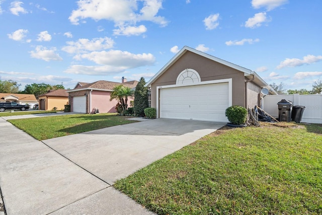 single story home featuring stucco siding, a front yard, and fence