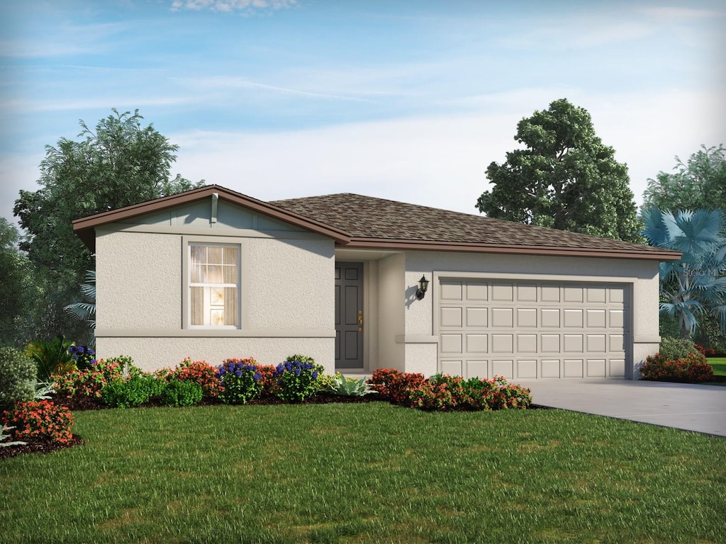 single story home featuring an attached garage, a shingled roof, concrete driveway, stucco siding, and a front yard