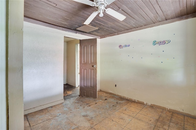 unfurnished room featuring ceiling fan, wooden ceiling, and baseboards