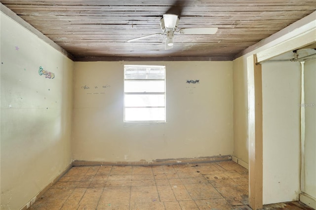 empty room featuring wooden ceiling and ceiling fan