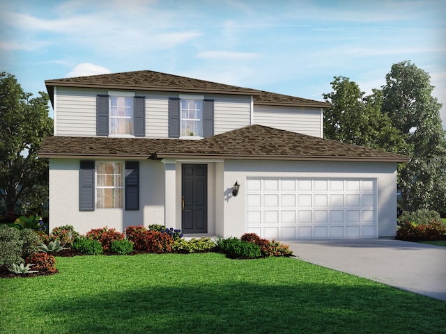 traditional-style home with a garage, concrete driveway, roof with shingles, a front yard, and stucco siding