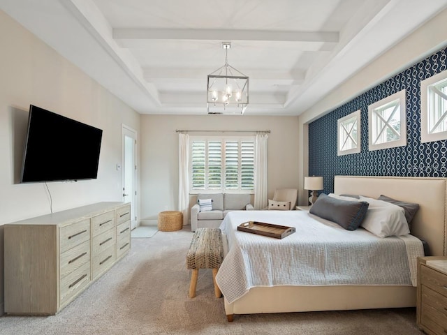 bedroom featuring a notable chandelier, an accent wall, beamed ceiling, and light colored carpet