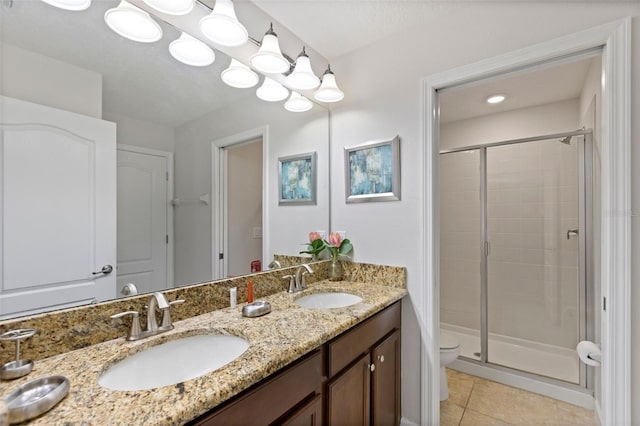 bathroom featuring tile patterned flooring, a sink, toilet, and a shower stall