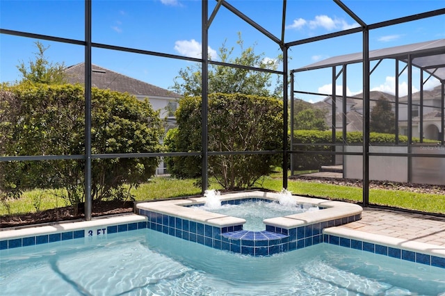 view of swimming pool featuring glass enclosure and an in ground hot tub