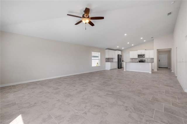 unfurnished living room featuring ceiling fan, recessed lighting, visible vents, and baseboards