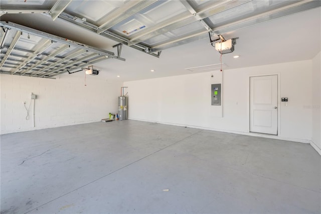 garage with a garage door opener, electric panel, and electric water heater