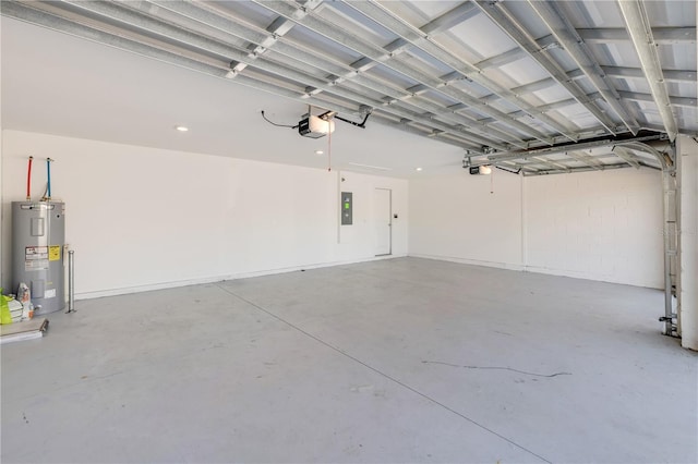 garage with water heater, electric panel, and a garage door opener