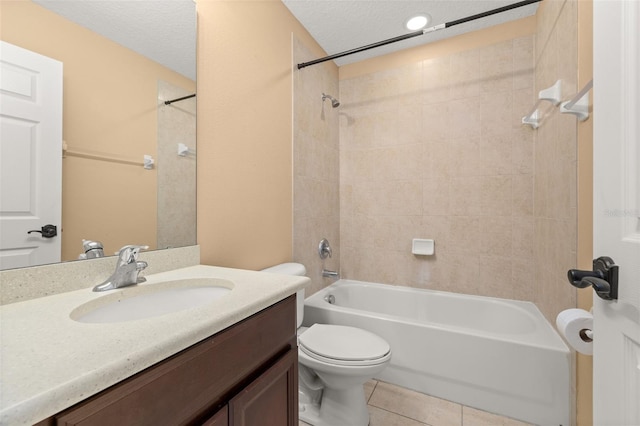 bathroom featuring shower / bath combination, toilet, vanity, a textured ceiling, and tile patterned floors