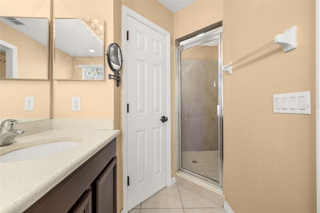 bathroom with a shower stall, visible vents, tile patterned flooring, and vanity