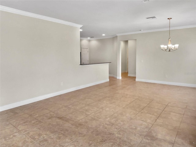 empty room with crown molding, a notable chandelier, visible vents, and baseboards