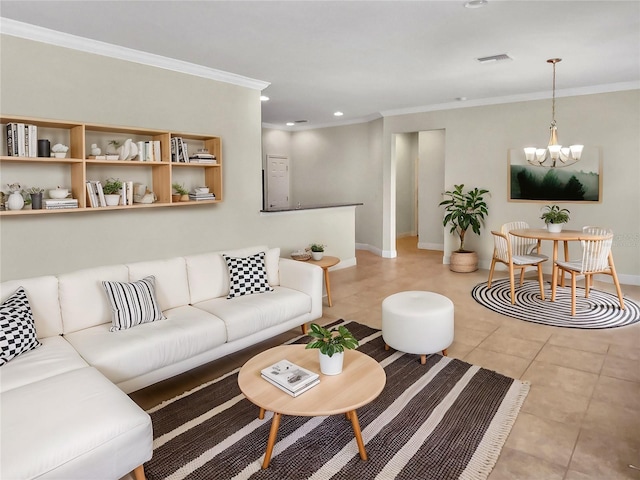 living area with light tile patterned floors, a notable chandelier, visible vents, baseboards, and crown molding