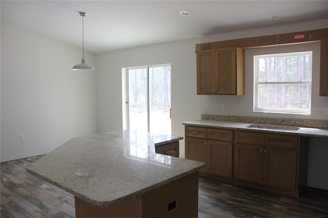 kitchen featuring dark wood-style floors, a wealth of natural light, a center island, and a sink