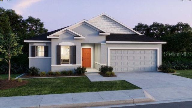 ranch-style house with a garage, concrete driveway, a front lawn, and stucco siding