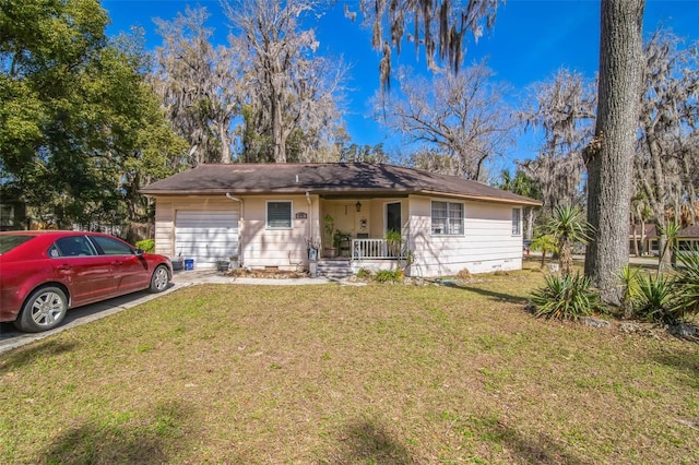 ranch-style house with crawl space, covered porch, an attached garage, and a front yard