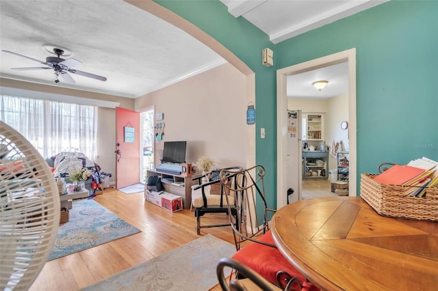 living area featuring a ceiling fan, arched walkways, crown molding, and wood finished floors