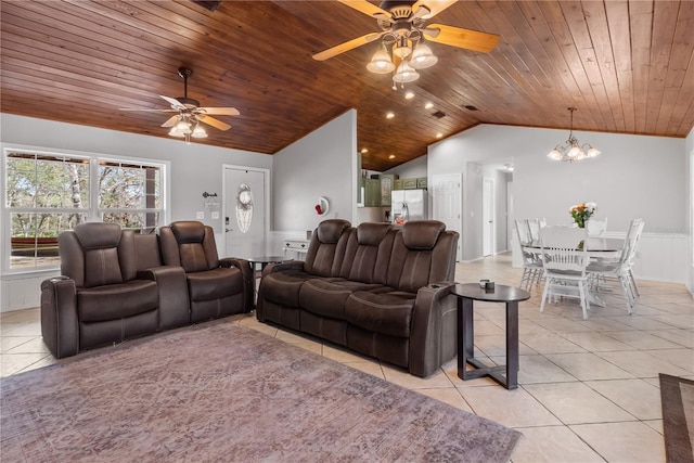 living room with wooden ceiling, vaulted ceiling, and light tile patterned floors