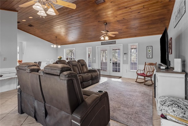 living area featuring lofted ceiling, light tile patterned flooring, wooden ceiling, a wainscoted wall, and french doors