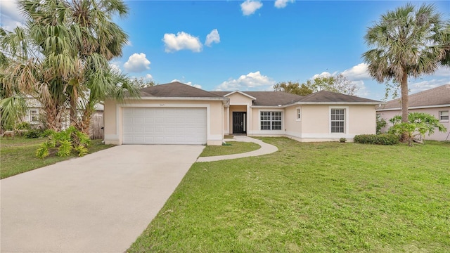 ranch-style house featuring a garage, driveway, a front lawn, and stucco siding