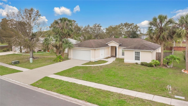 ranch-style house featuring a garage, driveway, a front lawn, and stucco siding