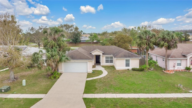 ranch-style home with a garage, a front lawn, concrete driveway, and stucco siding