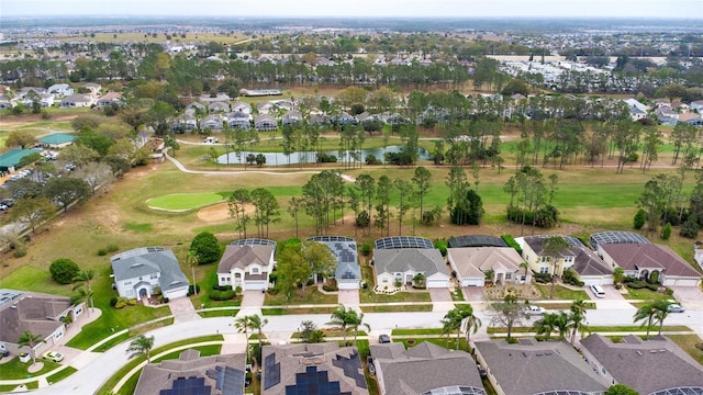 aerial view featuring a residential view, a water view, and golf course view