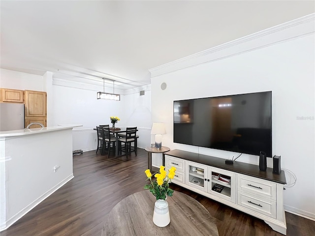 living area with ornamental molding and dark wood-style flooring