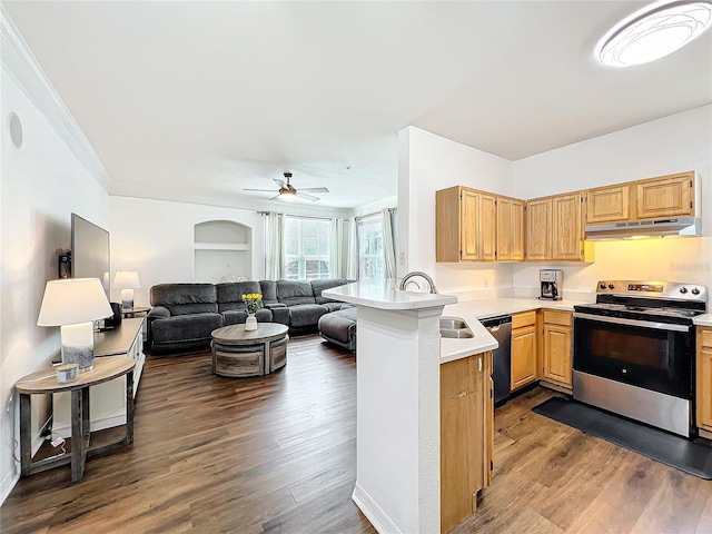 kitchen with dark wood finished floors, stainless steel electric range oven, light countertops, under cabinet range hood, and dishwashing machine