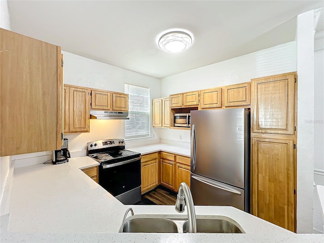 kitchen with stainless steel appliances, a sink, light stone countertops, and under cabinet range hood