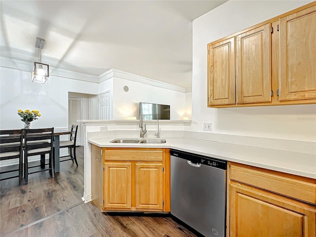 kitchen with dark wood finished floors, light countertops, a sink, and stainless steel dishwasher