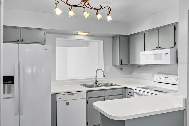 kitchen featuring white appliances, a peninsula, gray cabinets, light countertops, and a sink