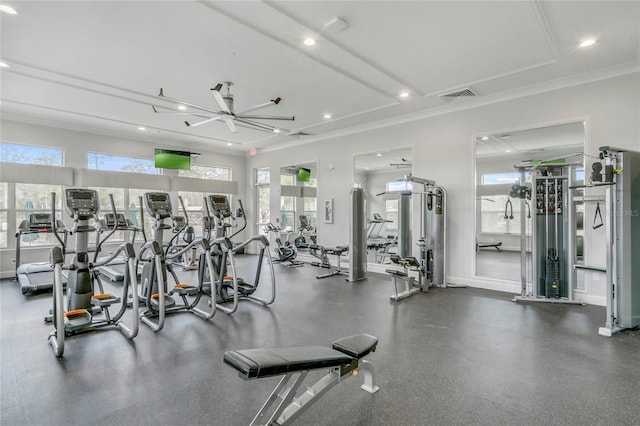 gym with plenty of natural light, visible vents, crown molding, and recessed lighting