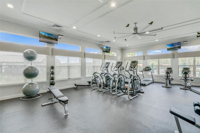 gym with baseboards, visible vents, and recessed lighting