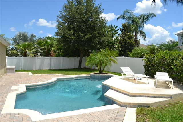 view of pool featuring a fenced in pool, a patio area, and a fenced backyard