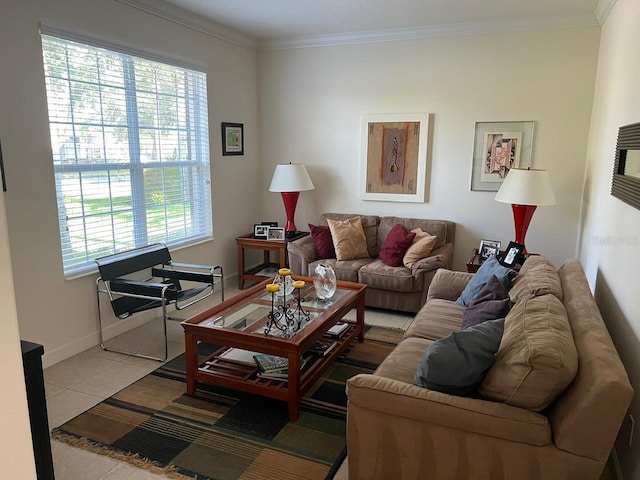 living area featuring baseboards, crown molding, and light tile patterned flooring