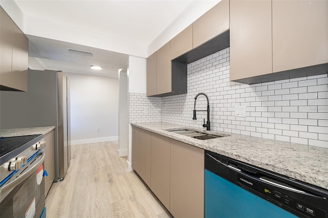 kitchen featuring visible vents, decorative backsplash, dishwashing machine, light wood-type flooring, and a sink