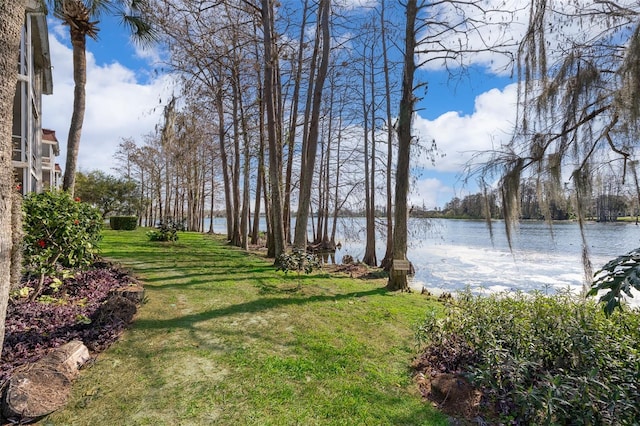 view of yard with a water view