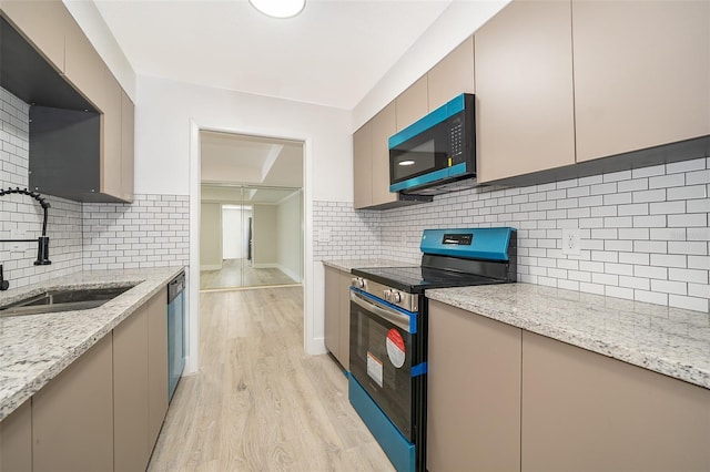 kitchen with light wood-style flooring, appliances with stainless steel finishes, backsplash, and a sink