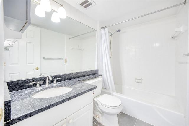 full bath featuring vanity, shower / bathtub combination with curtain, visible vents, tile patterned flooring, and toilet