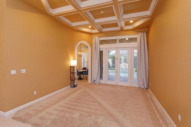1704 Kersley Cir, Lake Mary, FL 32746 - carpeted spare room featuring baseboards, coffered ceiling, ornamental molding, french doors, and beam ceiling