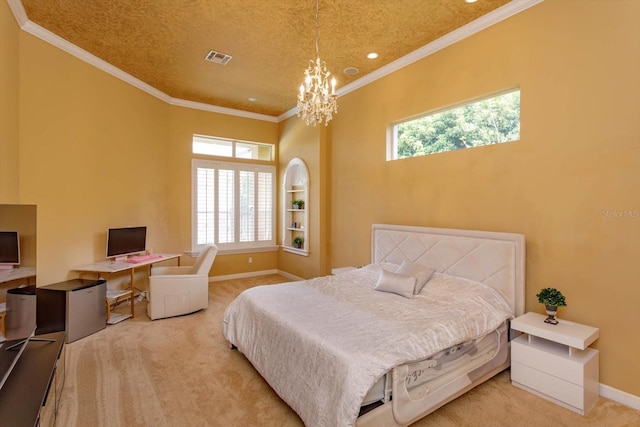 1704 Kersley Cir, Lake Mary, FL 32746 - bedroom with crown molding, visible vents, an inviting chandelier, light carpet, and baseboards
