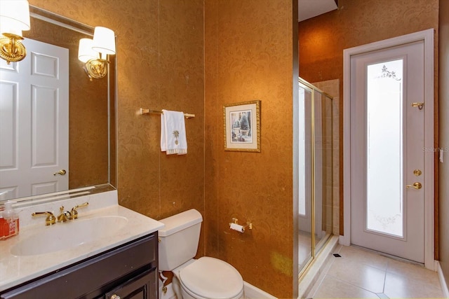 1704 Kersley Cir, Lake Mary, FL 32746 - bathroom featuring wallpapered walls, a stall shower, toilet, tile patterned floors, and vanity