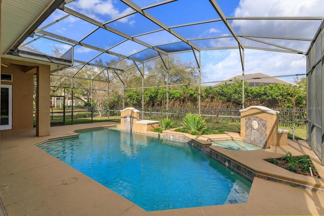 1704 Kersley Cir, Lake Mary, FL 32746 - outdoor pool with glass enclosure, a patio area, fence, and an in ground hot tub