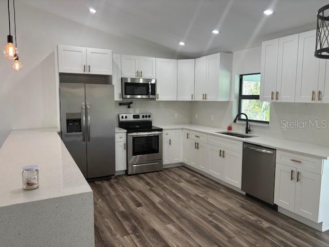 kitchen with dark wood-style floors, white cabinetry, stainless steel appliances, and a sink