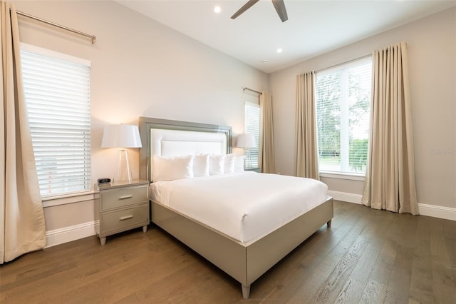 bedroom featuring recessed lighting, wood finished floors, a ceiling fan, and baseboards